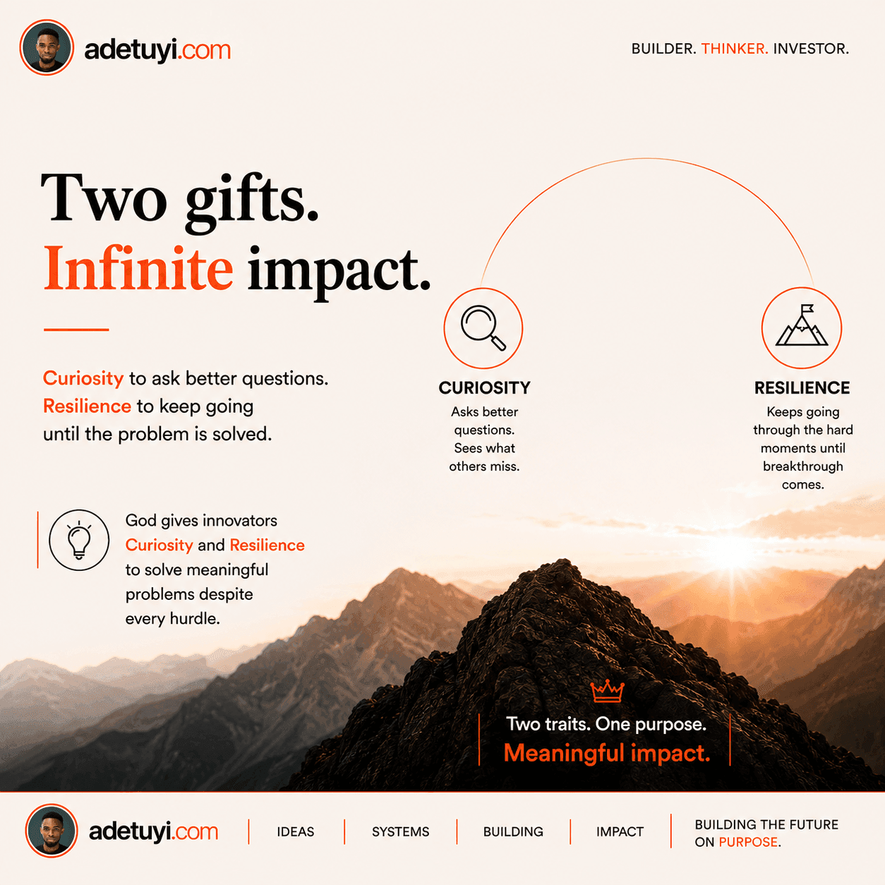 Two gifts, infinite impact. Curiosity asks better questions and sees what others miss. Resilience keeps going through the hard moments until breakthrough comes. God gives innovators curiosity and resilience to solve meaningful problems despite every hurdle. Two traits, one purpose, meaningful impact.