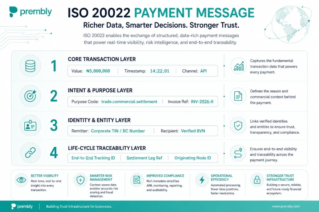 ISO 20022 Payment Message structure showing the four layers: Core Transaction, Intent and Purpose, Identity and Entity, and Life-Cycle Traceability