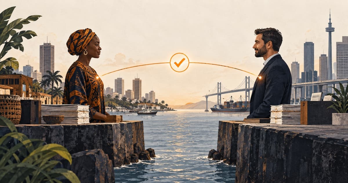 Two business participants in different countries connected by a verified trust signal while their local records remain on each side