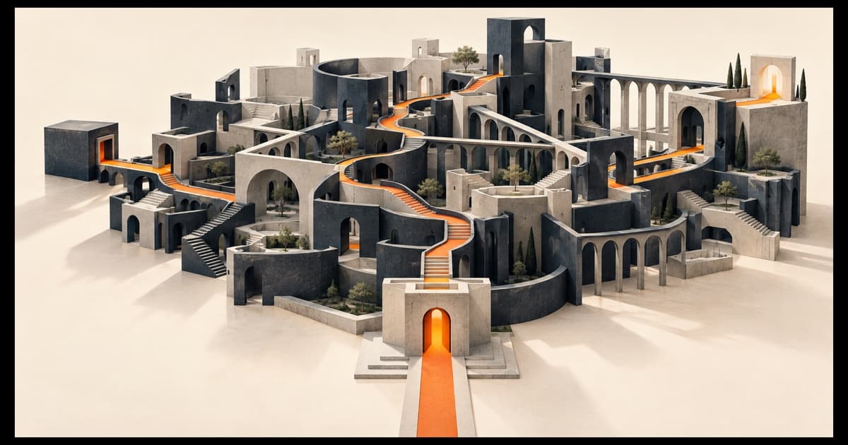 An expansive architectural structure connected by one clear orange path leading to a finished doorway