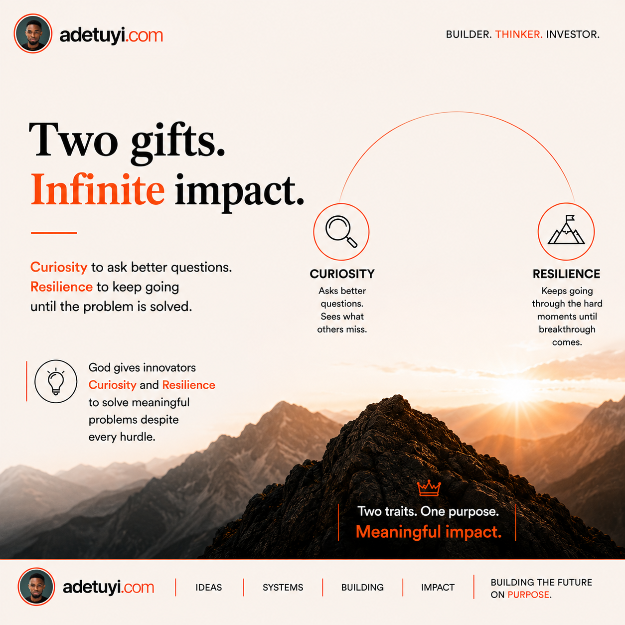 Two gifts, infinite impact. Curiosity asks better questions and sees what others miss. Resilience keeps going through the hard moments until breakthrough comes. God gives innovators curiosity and resilience to solve meaningful problems despite every hurdle. Two traits, one purpose, meaningful impact.